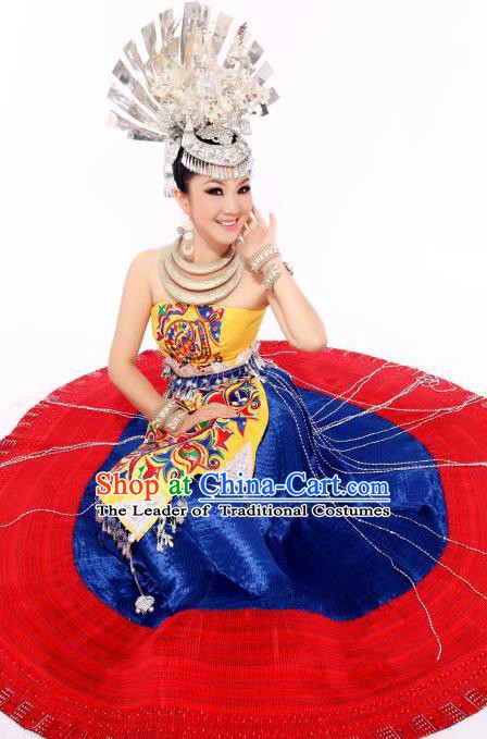 Traditional Chinese Miao Minority Nationality Embroidered Costume Hmong Bride Wedding Dress for Women