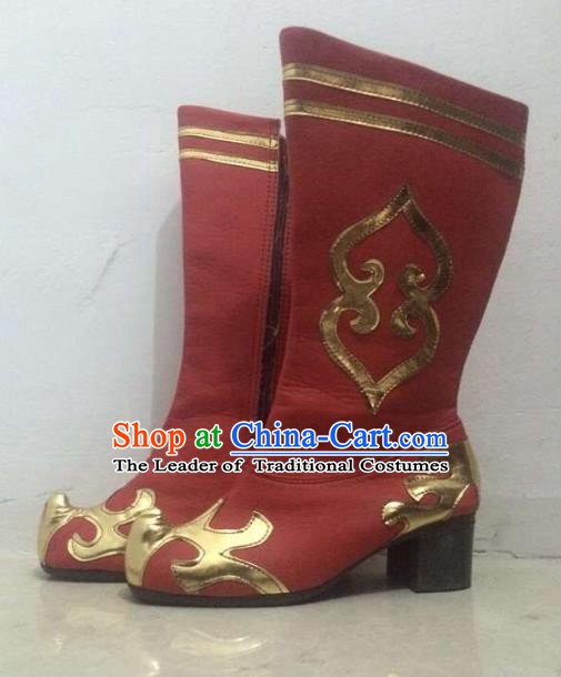 Traditional Chinese Zang Nationality Dance Shoes, Tibetan Ethnic Minority Red Boots for Women