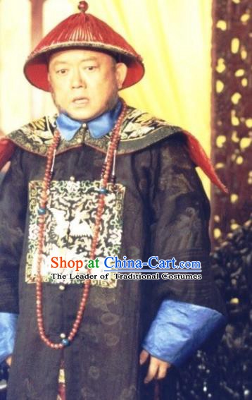 Chinese Qing Dynasty Minister Heshen Historical Costume Ancient Chancellor Clothing for Men