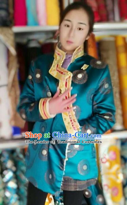 Traditional Chinese Tibetan Nationality Cotton-padded Jacket Costume, Zang Ethnic Minority Blue Coat for Women