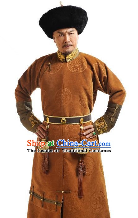 Ancient Chinese Qing Dynasty Emperor Kangxi Historical Costume Manchu Monarch Clothing for Men