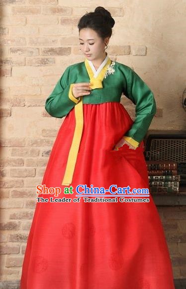 Korean Traditional Bride Hanbok Clothing Green Blouse and Red Skirt Korean Fashion Apparel Costumes for Women