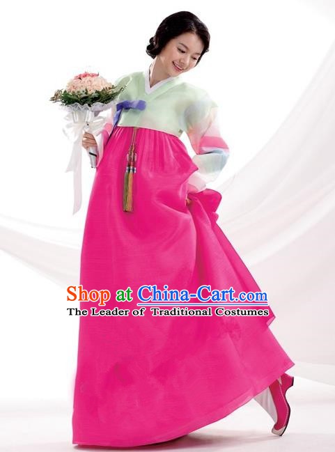 Korean Traditional Bride Palace Hanbok Clothing Korean Fashion Apparel Green Blouse and Rosy Dress for Women