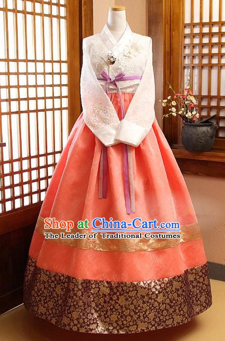 Korean Traditional Palace Garment Hanbok Fashion Apparel Costume Bride White Blouse and Orange Dress for Women