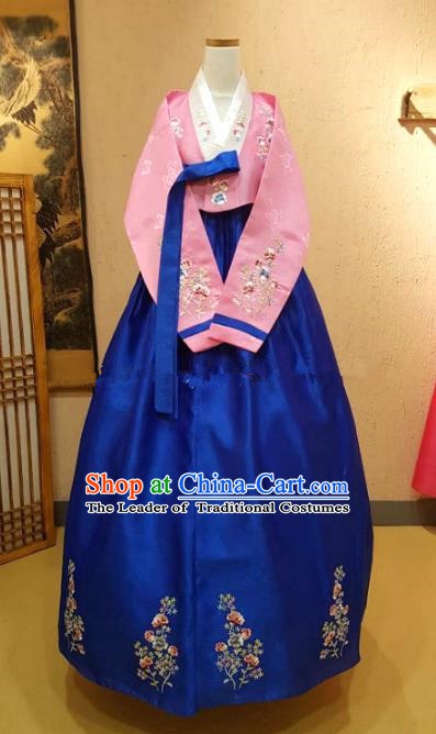 Korean Traditional Garment Palace Hanbok Pink Blouse and Royalblue Dress Fashion Apparel Bride Costumes for Women