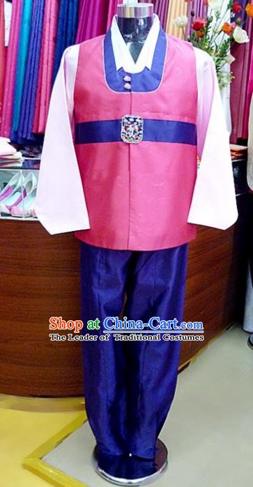 Asian Korean Traditional Hanbok Clothing Ancient Korean Rosy Shirt and Royalblue Pants Costume for Men