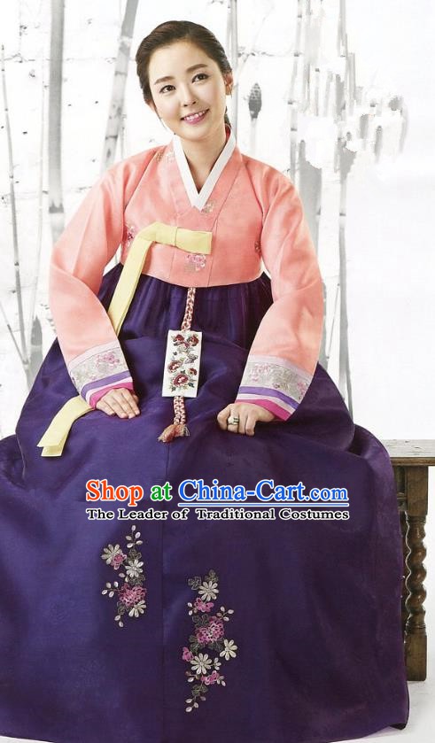 Korean Traditional Garment Palace Hanbok Orange Blouse and Purple Dress Fashion Apparel Bride Costumes for Women