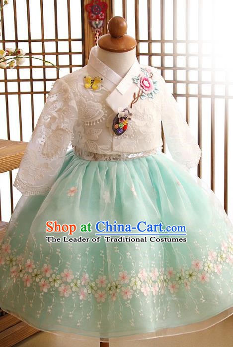 Korean Traditional Hanbok Korea Children White Lace Blouse and Green Dress Fashion Apparel Hanbok Costumes for Kids