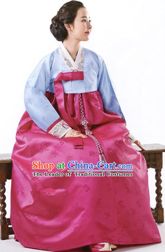 Korean Traditional Handmade Palace Hanbok Blue Blouse and Rosy Dress Fashion Apparel Bride Costumes for Women