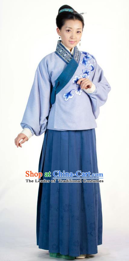 Ancient Chinese Ming Dynasty Historical Costume Female Embroider Blue Replica Costume for Women