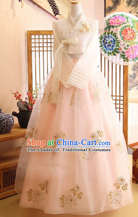 Top Grade Korean Palace Hanbok Bride Traditional White Blouse and Pink Dress Fashion Apparel Costumes for Women