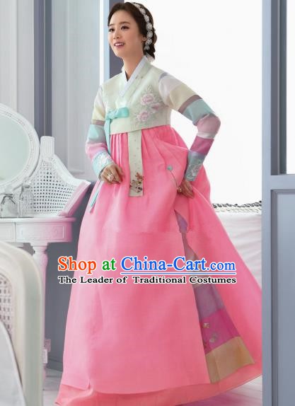 Top Grade Korean Traditional Hanbok Beige Blouse and Pink Dress Fashion Apparel Costumes for Women