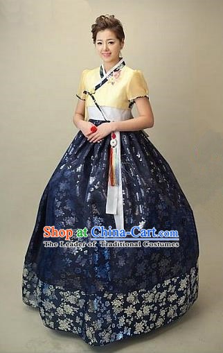 Top Grade Korean Traditional Hanbok Embroidered Yellow Blouse and Navy Dress Fashion Apparel Costumes for Women