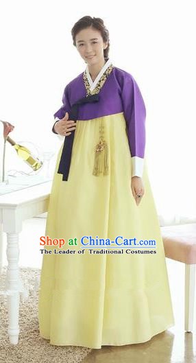 Top Grade Korean Hanbok Traditional Hostess Purple Blouse and Yellow Dress Fashion Apparel Costumes for Women