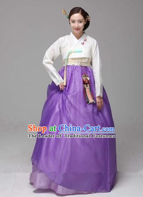 Top Grade Korean Hanbok Traditional White Blouse and Purple Dress Fashion Apparel Costumes for Women