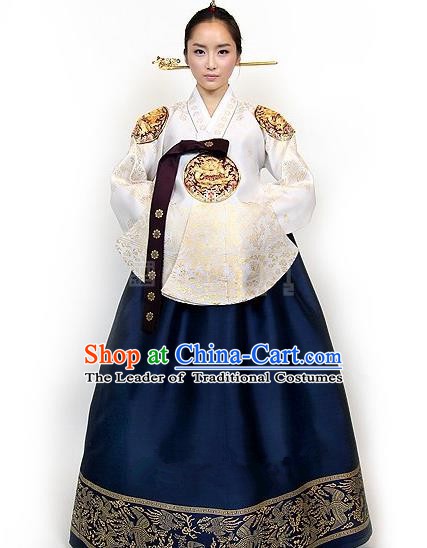 Top Grade Korean Palace Hanbok Traditional Empress White Blouse and Navy Dress Fashion Apparel Costumes for Women