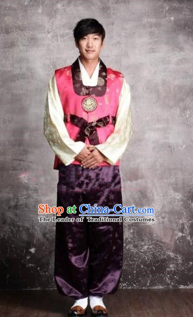 Asian Korean Hanbok Ancient Bridegroom Traditional Costume Pink Vest and Purple Pants for Men