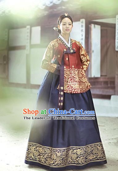 Top Grade Korean Traditional Palace Hanbok Ancient Wine Red Blouse and Navy Dress Fashion Apparel Costumes for Women