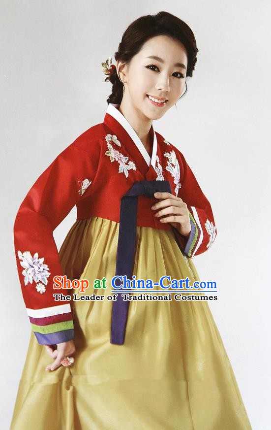 Top Grade Korean Hanbok Ancient Traditional Fashion Apparel Costumes Red Blouse and Yellow Dress for Women