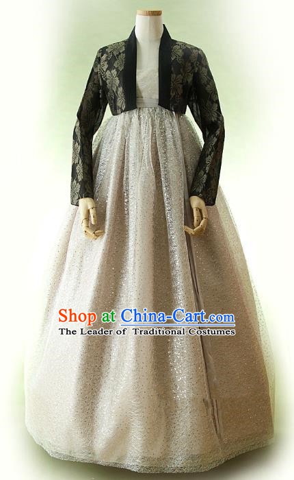 Top Grade Korean Traditional Hanbok Ancient Fashion Apparel Costumes Black Blouse and Grey Dress for Women