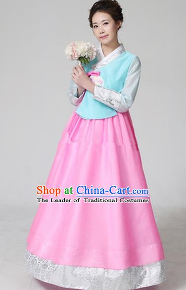Top Grade Korean Hanbok Ancient Traditional Fashion Apparel Costumes Blue Blouse and Pink Dress for Women