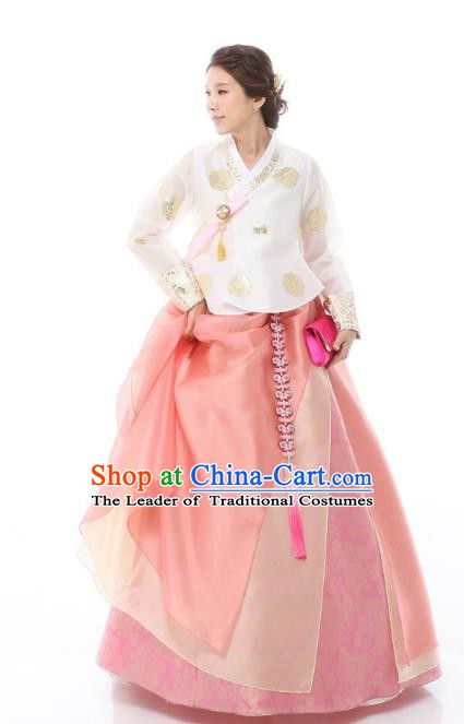 Top Grade Korean Hanbok Ancient Traditional Fashion Apparel Costumes White Blouse and Pink Dress for Women