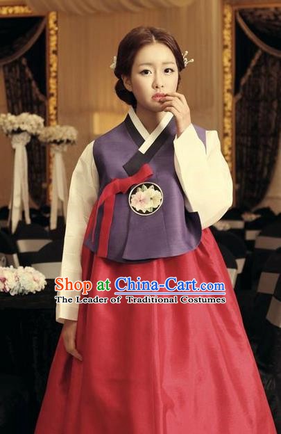 Korean Traditional Hanbok Purple Blouse and Red Dress Ancient Formal Occasions Fashion Apparel Costumes for Women