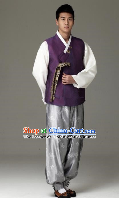 Traditional Korean Costumes Ancient Korean Male Hanbok Bridegroom Costume Purple Vest and Grey Pants for Men