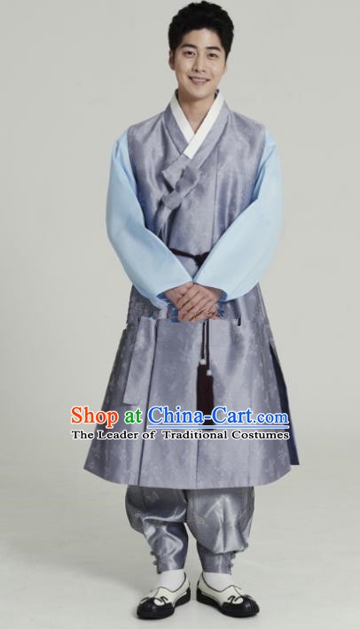 Traditional Korean Costumes Ancient Korean Male Hanbok Bridegroom Costume Lilac Vest and Grey Pants for Men