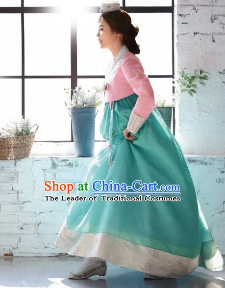 Korean Traditional Bride Hanbok Pink Blouse and Green Dress Ancient Formal Occasions Fashion Apparel Costumes for Women