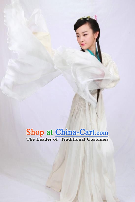 Ancient Chinese Song Dynasty Swordswoman White Dress Embroidered Replica Costume for Women