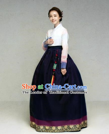 Korean Traditional Bride Hanbok White Blouse and Deep Purple Embroidered Dress Ancient Formal Occasions Fashion Apparel Costumes for Women
