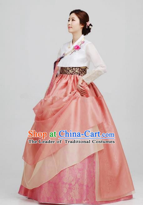 Korean Traditional Bride Hanbok White Blouse and Pink Dress Ancient Formal Occasions Fashion Apparel Costumes for Women