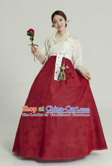 Korean Traditional Bride Hanbok White Blouse and Wine Red Embroidered Dress Ancient Formal Occasions Fashion Apparel Costumes for Women