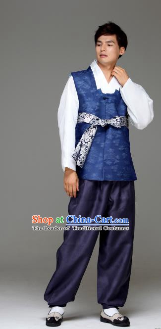 Traditional Korean Costumes Ancient Palace Korean Bridegroom Hanbok Royalblue Vest and Navy Pants for Men