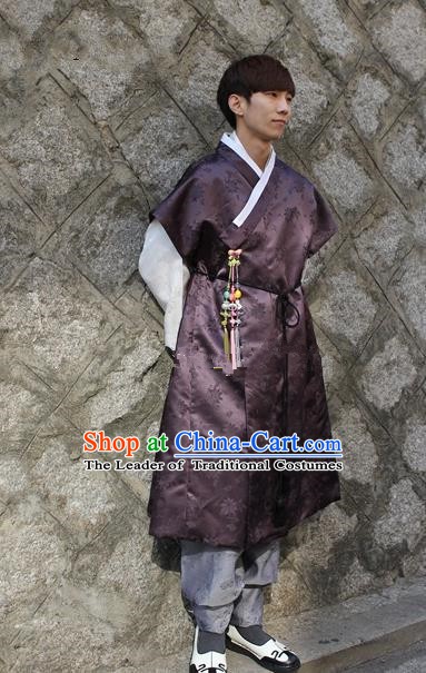 Traditional Korean Costumes Ancient Palace Korean Bridegroom Hanbok Purple Vest and Grey Pants for Men
