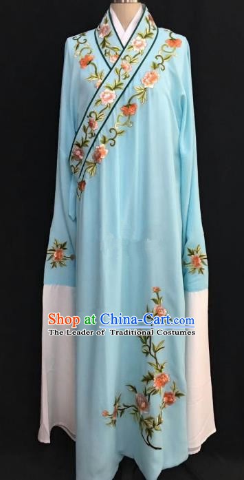 China Traditional Beijing Opera Niche Embroidered Peony Blue Robe Chinese Peking Opera Gifted Scholar Costume