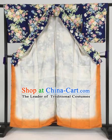 Japan Traditional Kimono Printing Blue Furisode Kimono Ancient Yukata Dress Formal Costume for Women