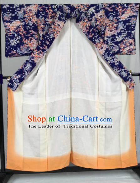 Japan Traditional Palace Kimono Formal Costume Navy Furisode Kimonos Ancient Yukata Dress for Women