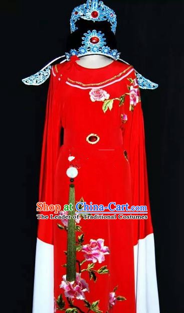 China Traditional Beijing Opera Young Men Embroidered Peony Costume Chinese Peking Opera Niche Red Robe for Adults