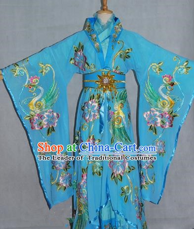 China Traditional Beijing Opera Empress Embroidered Blue Dress Chinese Peking Opera Actress Costume