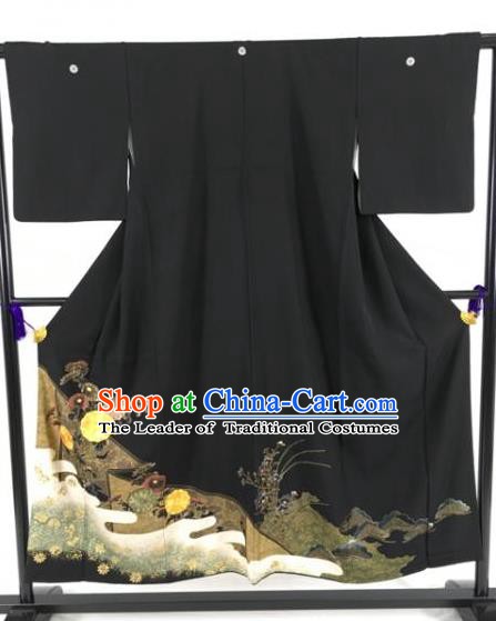 Japanese National Costume Black Kimono Ancient Palace Wafuku Hakama Yukata Robe for Men