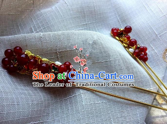 Chinese Ancient Palace Lady Hair Accessories Red Beads Hairpins for Women