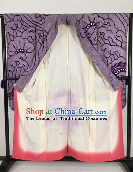 Ancient Japanese Geisha Furisode Kimonos Traditional Female Purple Yukata Dress Formal Costume for Women