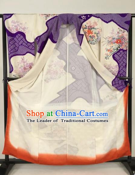 Ancient Japanese Geisha Purple Furisode Kimonos Traditional Female Yukata Dress Formal Costume for Women