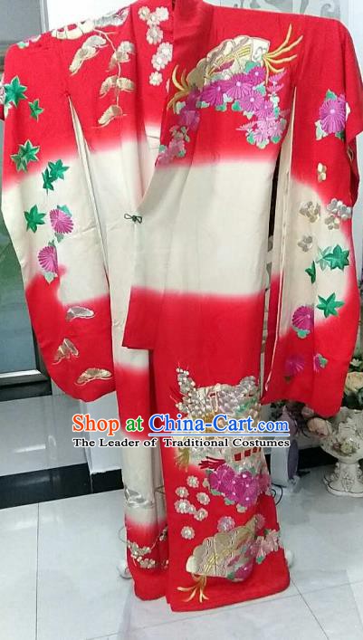 Ancient Japanese Geisha Red Furisode Kimonos Traditional Wedding Yukata Dress Formal Costume for Women