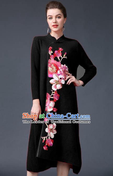 Chinese National Costume Embroidered Peony Black Cheongsam Qipao Dress for Women