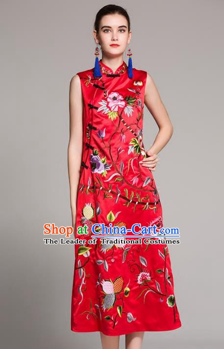 Chinese National Costume Embroidered Red Qipao Dress Sleeveless Cheongsam for Women