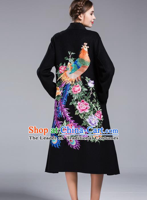 Chinese National Costume Wool Black Coats Traditional Embroidered Dust Coats for Women