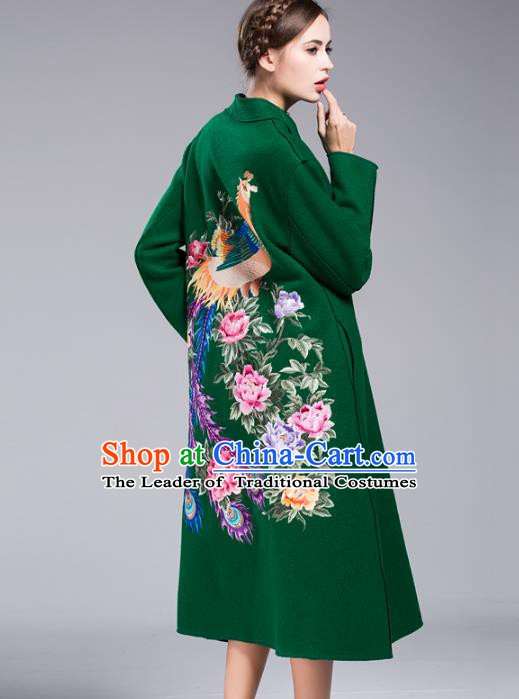 Chinese National Costume Wool Green Coats Traditional Embroidered Dust Coats for Women